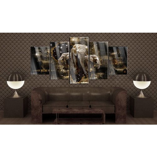 Afbeelding op acrylglas - Olifanten, Zwart/Goud,   5luik