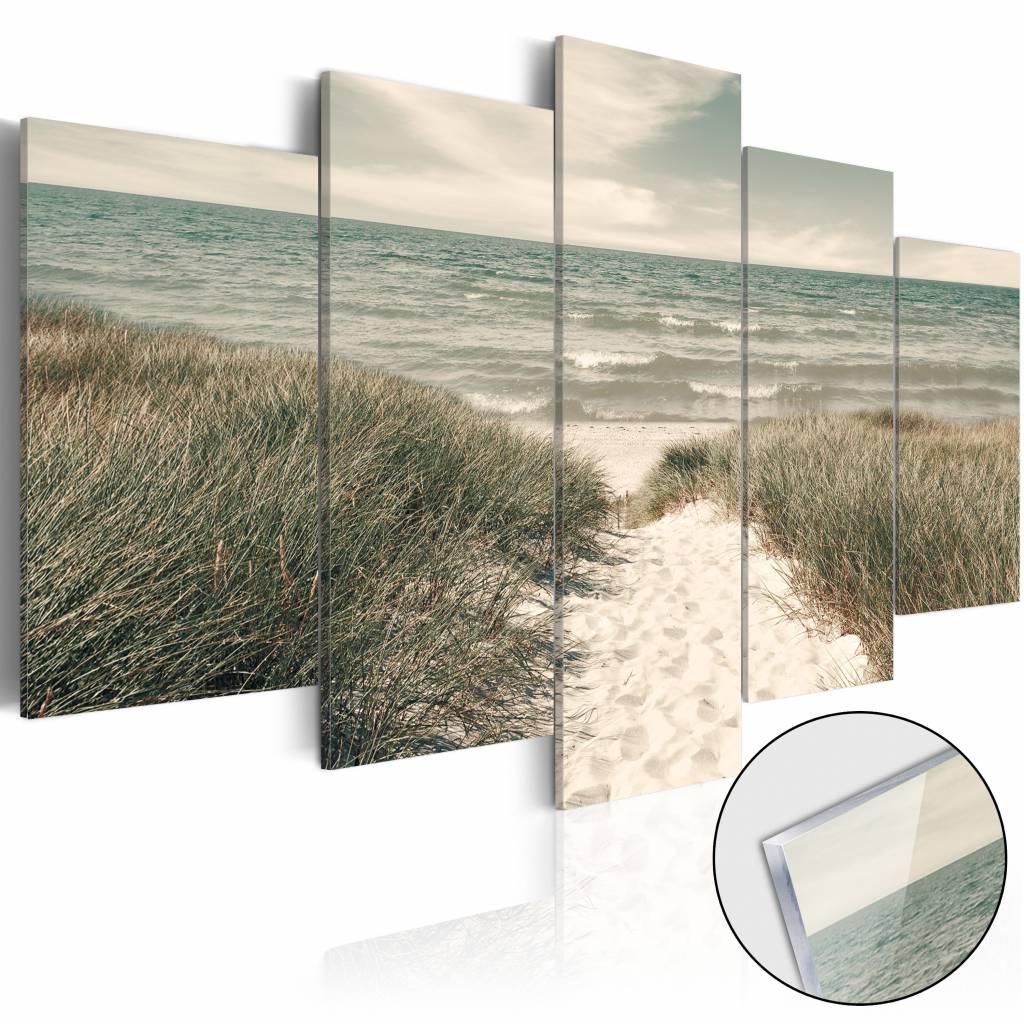 Afbeelding op acrylglas - Stil op het strand, Noordzee, Groen/Beige, 5luik afbeelding