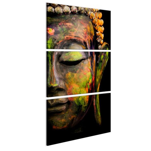 Schilderij - Grote Boeddha,  Oranje/Groen, 3luik