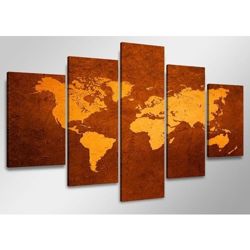 Schilderij - Wereldkaart, Bruin/Oranje, 160X80cm, 5luik