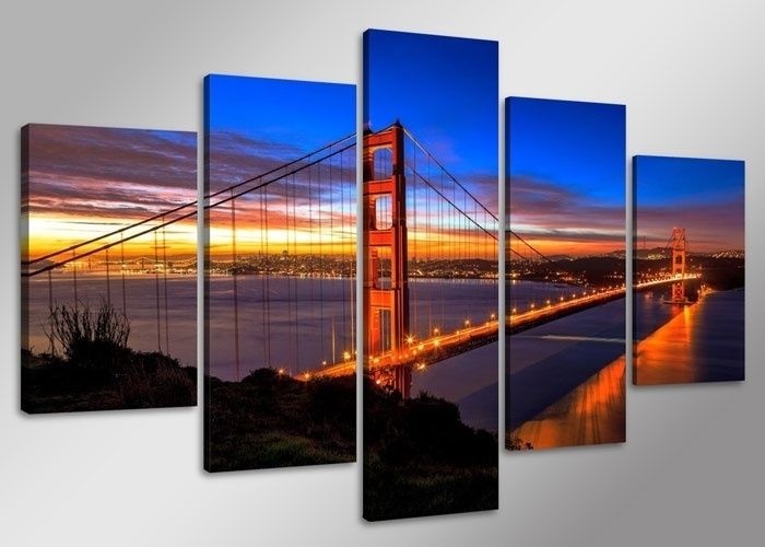 Schilderij - Golden Gate Bridge, Blauw/Rood, 160X80cm, 5luik Schilderij - Golden Gate Bridge, Blauw/Rood, 160X80cm, 5luik