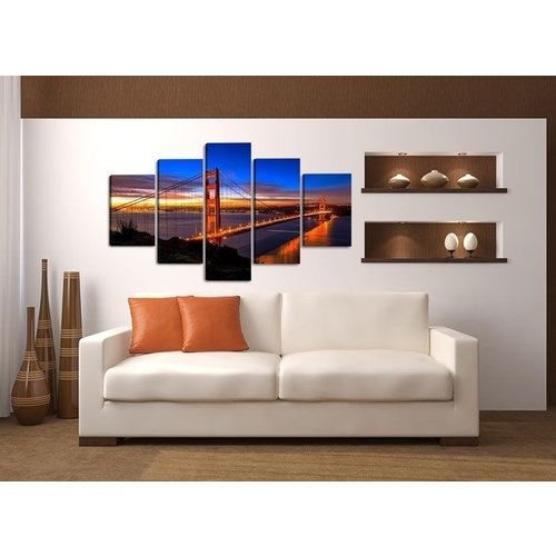 Schilderij - Golden Gate Bridge, Blauw/Rood, 160X80cm, 5luik