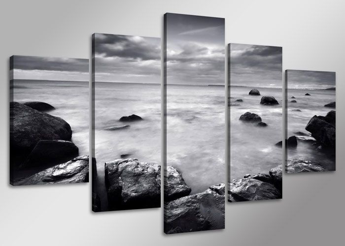 Schilderij - Zee, Zwart/Wit, 160X80cm, 5luik Schilderij - Zee, Zwart/Wit, 160X80cm, 5luik