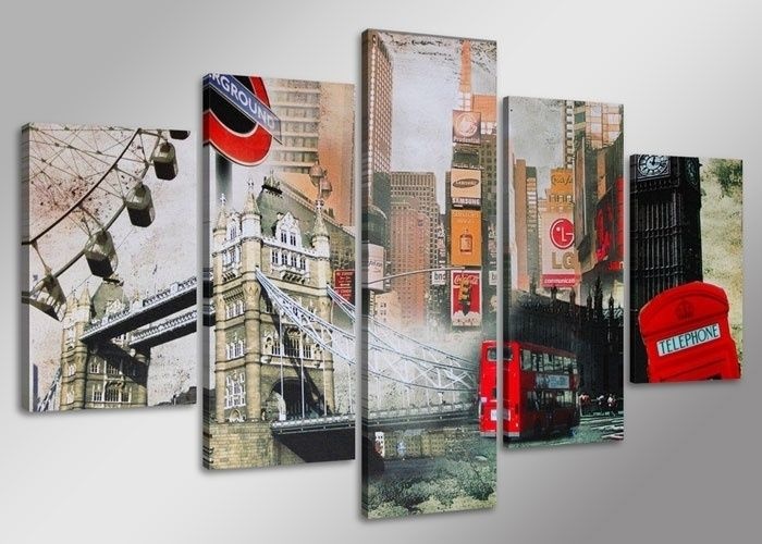 Schilderij - Londen, Collage, 160X80cm, 5luik Schilderij - Londen, Collage, 160X80cm, 5luik