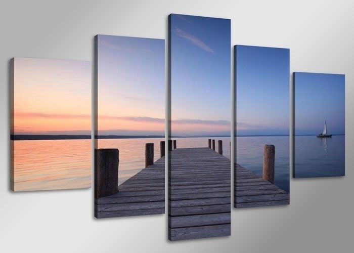 Schilderij - Steiger, Blauw, 160X80cm, 5luik Schilderij - Steiger, Blauw, 160X80cm, 5luik