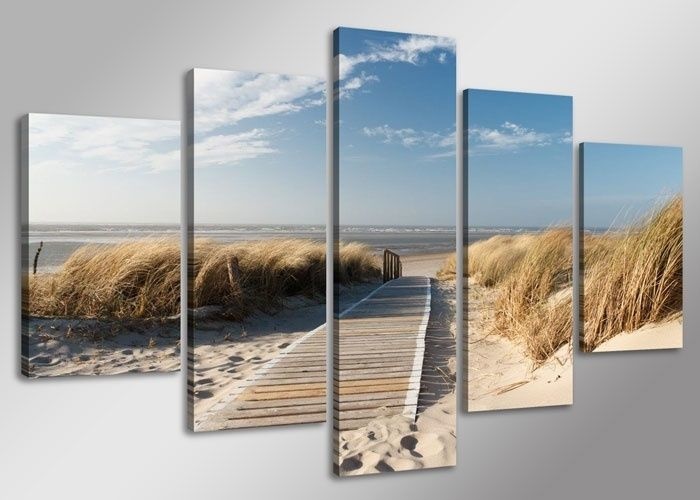 Schilderij - Uitzicht op Noordzee, Blauw/Beige, 160X80cm, 5luik Schilderij - Uitzicht op Noordzee, Blauw/Beige, 160X80cm, 5luik