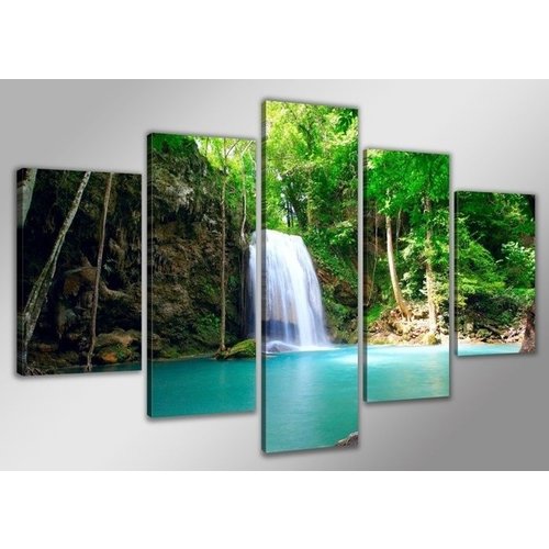 Schilderij - Paradijs Waterval, Groen, 160X80cm, 5luik