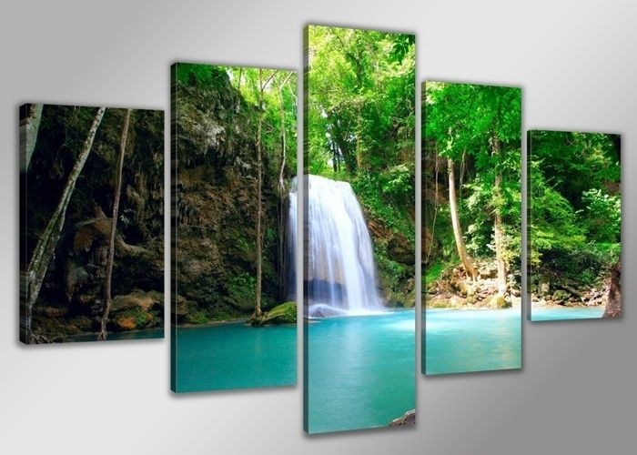 Schilderij - Paradijs Waterval, Groen, 160X80cm, 5luik Schilderij - Paradijs Waterval, Groen, 160X80cm, 5luik