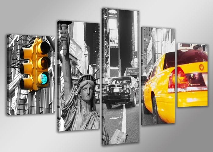Schilderij - New York Taxi, Geel/Grijs, 160X80cm, 5luik Schilderij - New York Taxi, Geel/Grijs, 160X80cm, 5luik