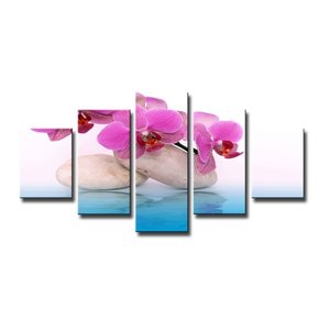 Schilderij - Orchidee en Zen, Blauw/Roze, 160X80cm, 5luik Schilderij - Orchidee en Zen, Blauw/Roze, 160X80cm, 5luik