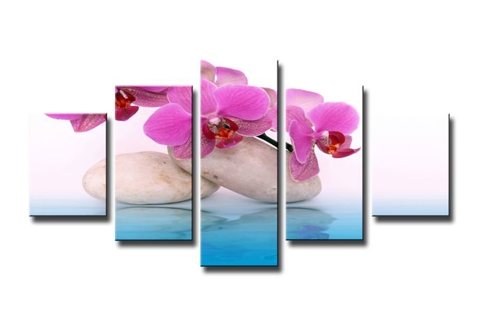 Schilderij - Orchidee en Zen, Blauw/Roze, 160X80cm, 5luik afbeelding
