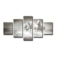 Schilderij - Galopperende Paarden, Grijs/Wit, 160X80cm, 5luik