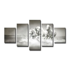 Schilderij - Galopperende Paarden, Grijs/Wit, 160X80cm, 5luik Schilderij - Galopperende Paarden, Grijs/Wit, 160X80cm, 5luik