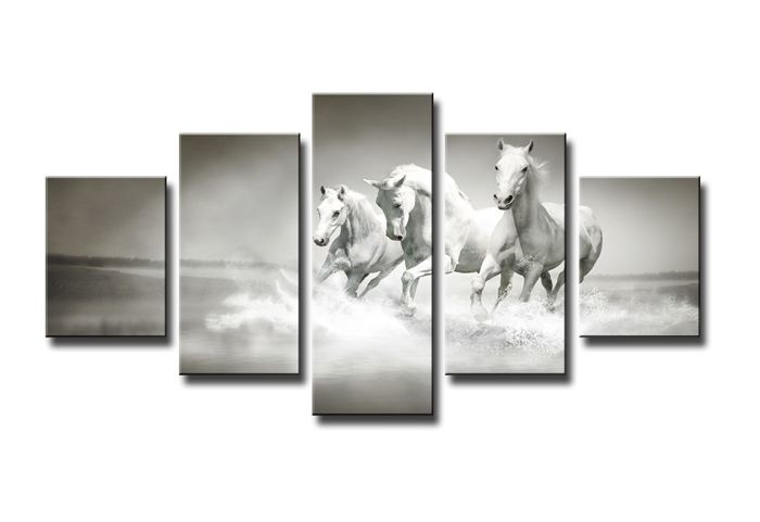 Schilderij - Galopperende Paarden, Grijs/Wit, 160X80cm, 5luik afbeelding