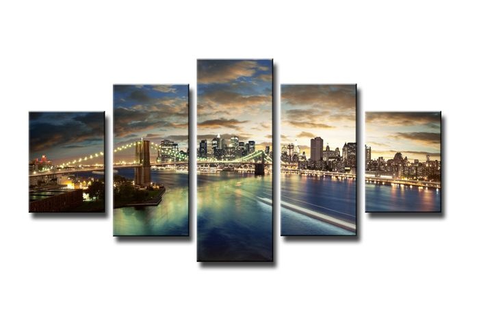 Schilderij - New York Brooklyn Bridge, Blauw, 160X80cm, 5luik