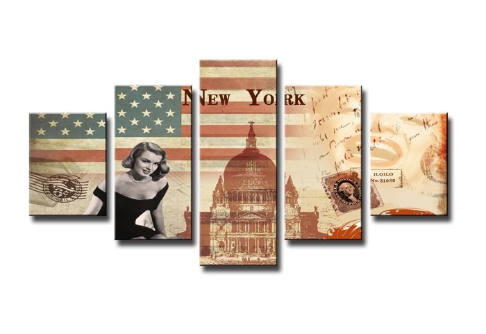 Schilderij - New York, Collage, Rood/Beige, 160X80cm, 5luik