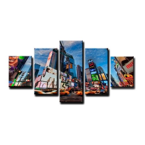 Schilderij - Time Square New York, Blauw, 160X80cm, 5luik