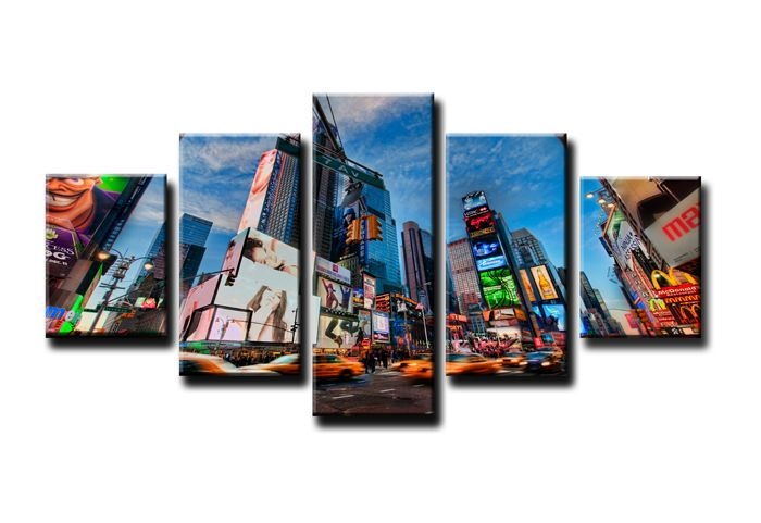 Schilderij - Time Square New York, Blauw, 160X80cm, 5luik afbeelding