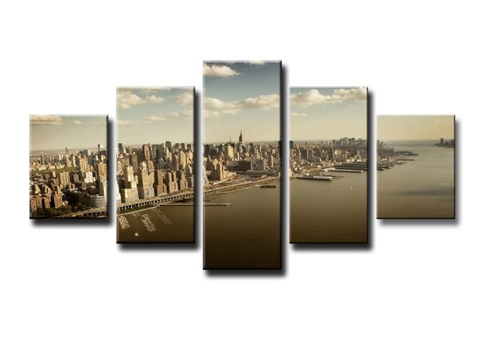 Schilderij - New York Gebouwen, Beige, 160X80cm, 5luik afbeelding