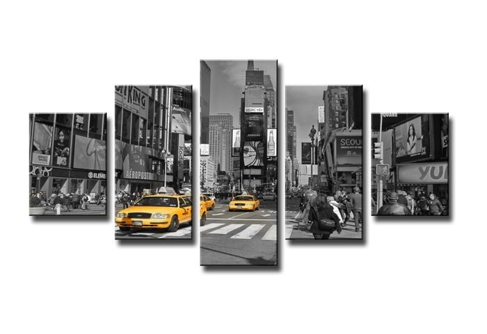 Schilderij - New York Taxi, Grijs/Geel,160X80cm, 5luik afbeelding