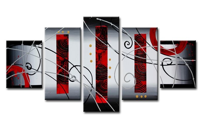 Schilderij - Abstract, Rood/Zilver, 160X80cm, 5luik afbeelding