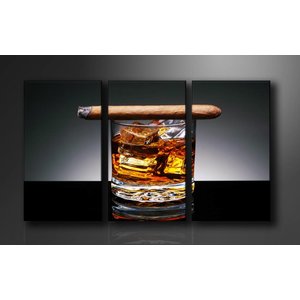 Canvas Schilderij - Whiskey en Sigaar, Bruin/Grijs, 160X90cm, 3luik