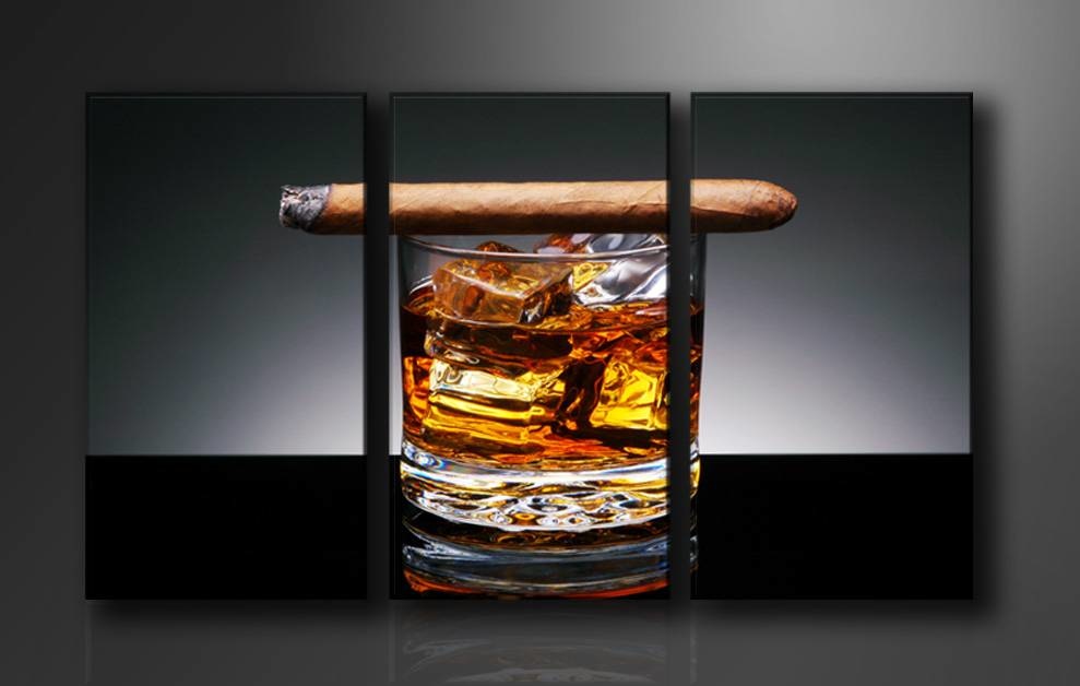 Canvas Schilderij - Whiskey en Sigaar, Bruin/Grijs, 160X90cm, 3luik afbeelding