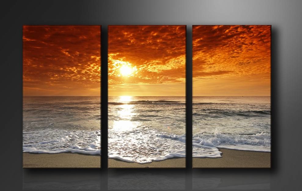 Schilderij - Strand/Sunset, Oranje, 160X90cm, 3luik afbeelding