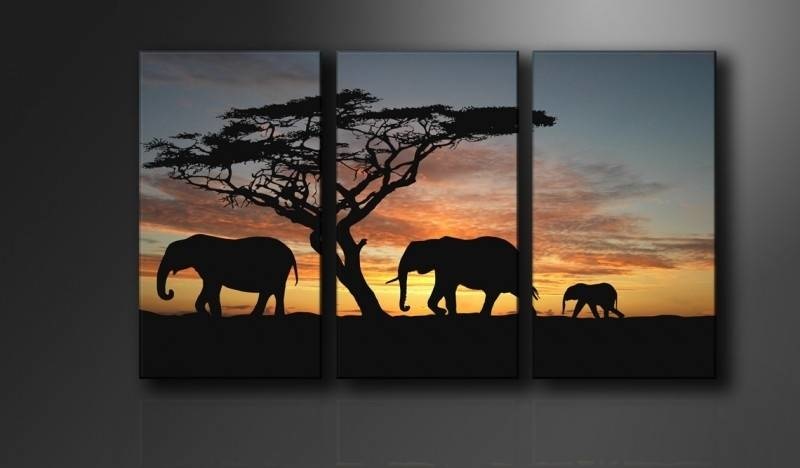 Schilderij - Olifant Afrika, Zwart/Oranje, 160X90cm , 3luik afbeelding