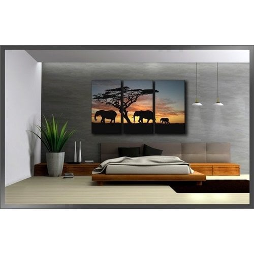 Schilderij - Olifant Afrika, Zwart/Oranje, 160X90cm , 3luik
