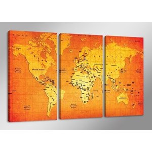 Schilderij - Wereldkaart, Oranje, 160X90cm, 3luik