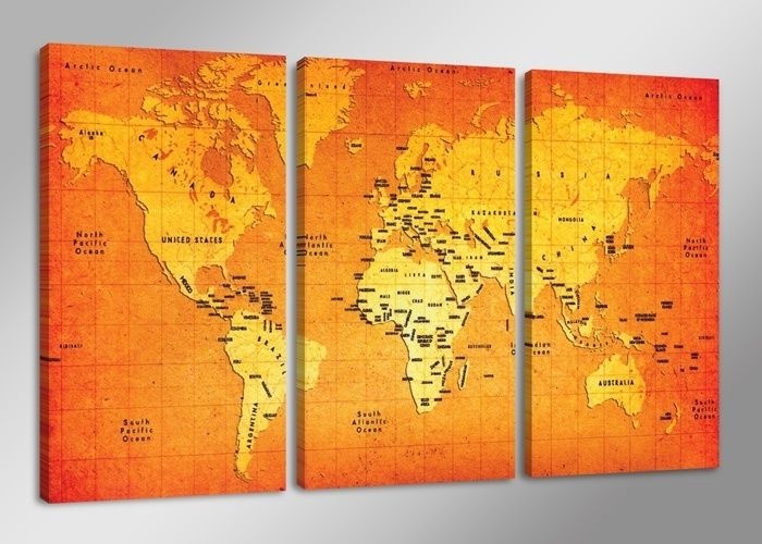 Schilderij - Wereldkaart, Oranje, 160X90cm, 3luik afbeelding
