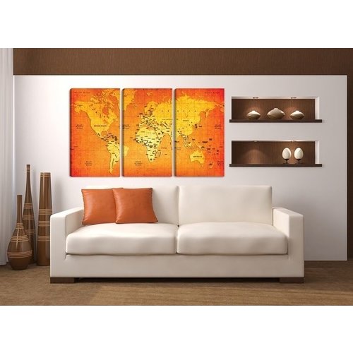 Schilderij - Wereldkaart, Oranje, 160X90cm, 3luik