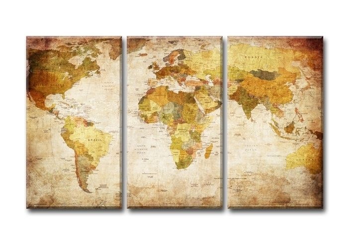 Schilderij - Wereldkaart Landen, Beige/Bruin, 160X90cm, 3luik afbeelding