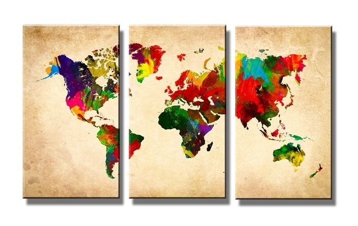 Schilderij - Wereldkaart, Multi-Colored, 160X90cm, 3luik afbeelding
