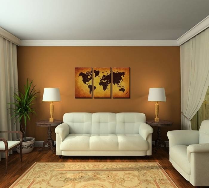 Schilderij - Wereldkaart, Bruin, 160X90cm, 3luik afbeelding