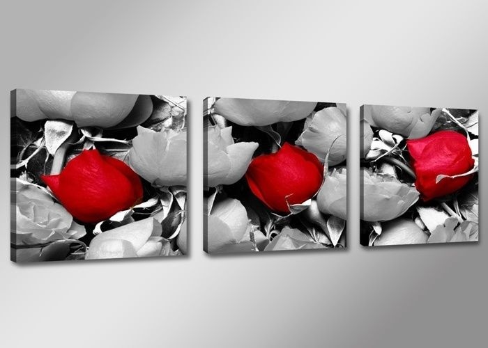 Schilderij - Roos, Rood/Grijs, 150X50cm, 3luik afbeelding