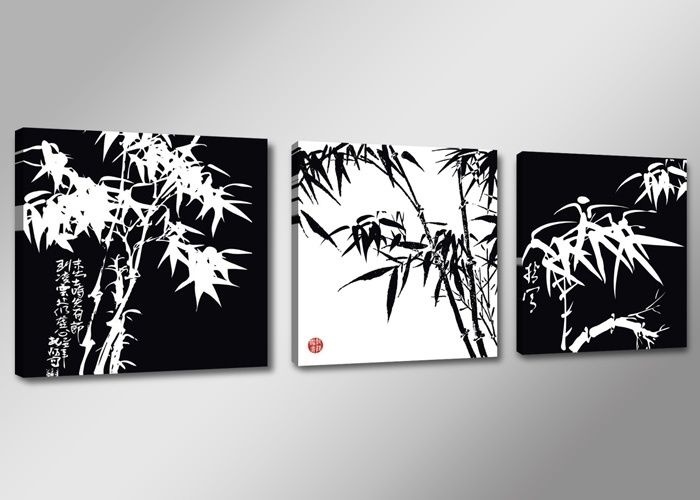 Schilderij - Bamboe, Zwart/Wit, 150X50cm, 3luik afbeelding