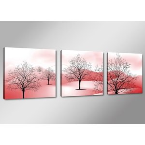 Schilderij - Abstracte Bomen Bergen, Roze, 150X50cm, 3luik
