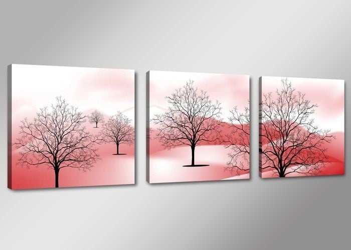 Schilderij - Abstracte Bomen Bergen, Roze, 150X50cm, 3luik afbeelding