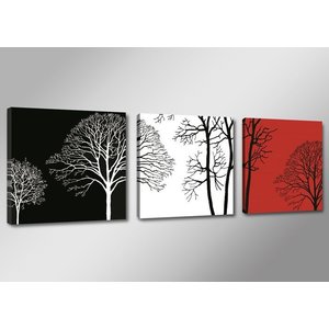 Schilderij - Boom, Zwart-Wit/Rood, 150X50cm, 3luik