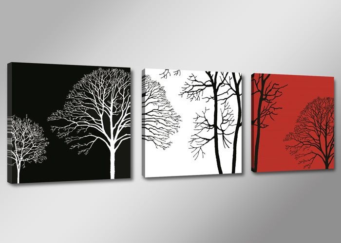Schilderij - Boom, Zwart-Wit/Rood, 150X50cm, 3luik afbeelding