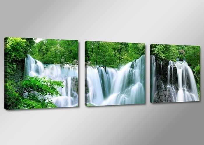 Schilderij - Waterval, Groen/Blauw, 150X50, 3luik