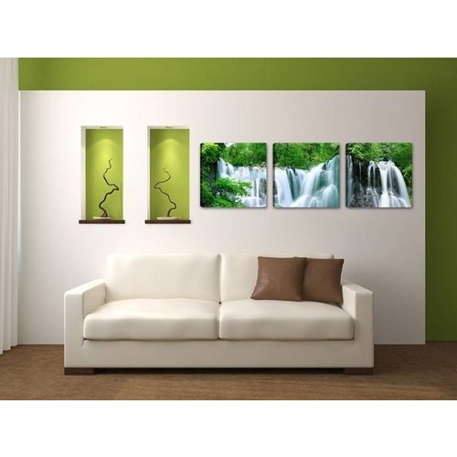 Schilderij - Waterval, Groen/Blauw, 150X50, 3luik