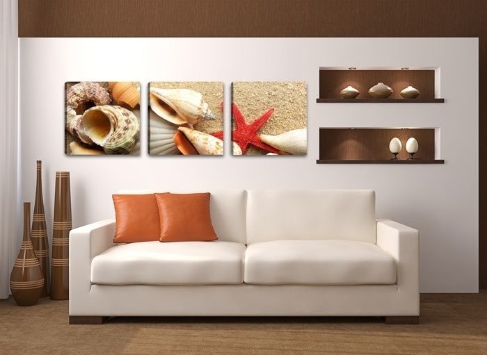 Schilderij - Schelpen, Beige, 150X50, 3luik afbeelding