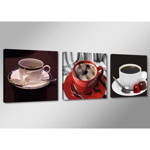 Canvas Schilderij - Koffie, Rood, 150X50cm, 3luik Canvas Schilderij - Koffie, Rood, 150X50cm, 3luik