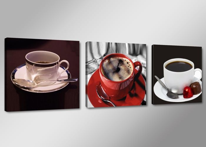 Canvas Schilderij - Koffie, Rood, 150X50cm, 3luik afbeelding