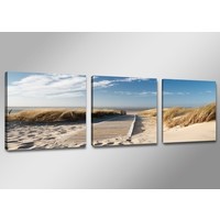 Canvas Schilderij - Uitzicht op Noordzee, Blauw/Beige, 150X50cm, 3luik