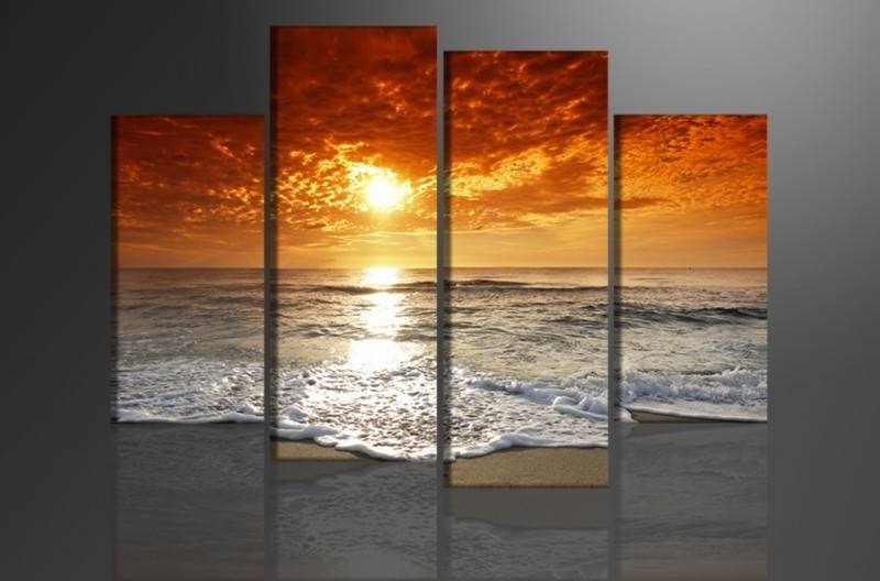 Schilderij - Strand/Sunset, Oranje, 130X80cm, 4luik afbeelding
