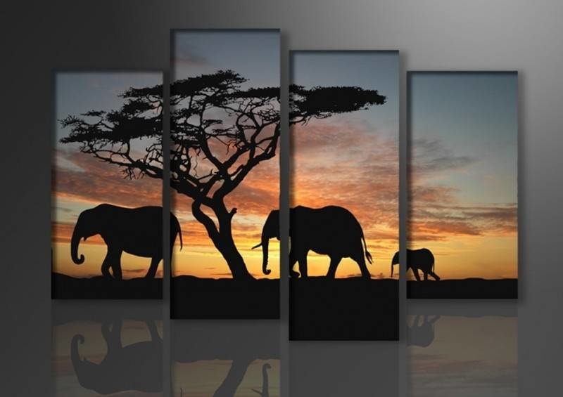 Schilderij - Afrika Olifant, Oranje/Zwart, 130X80cm, 4luik afbeelding
